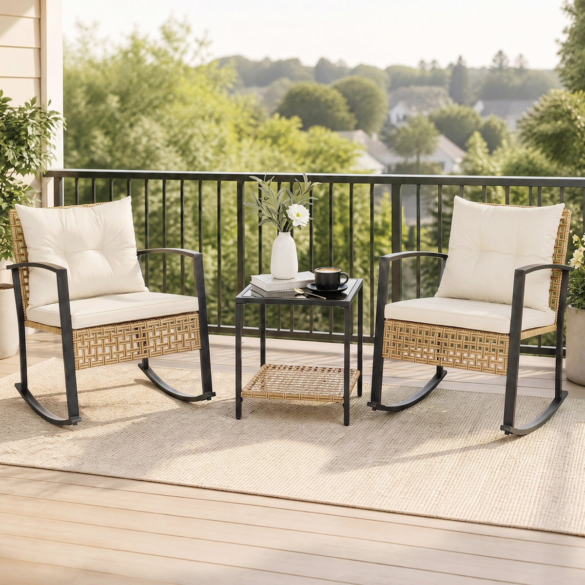 3-Piece Rattan Wicker Patio Conversation Set for Porch Balcony Garden