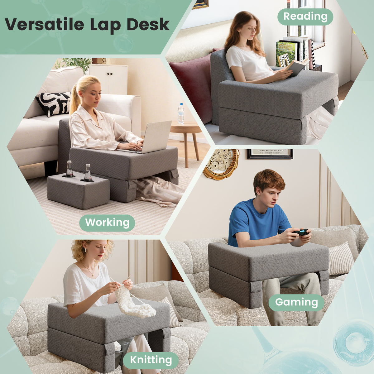 Reading Pillow Lap Desk Set with Coasters - Gray