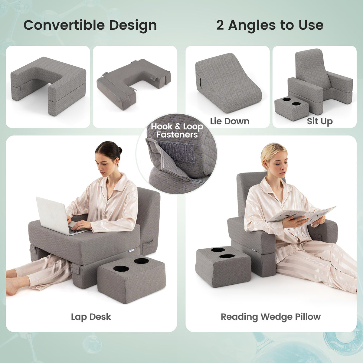 Reading Pillow & Lap Desk Set with Cup Holders - Gray
