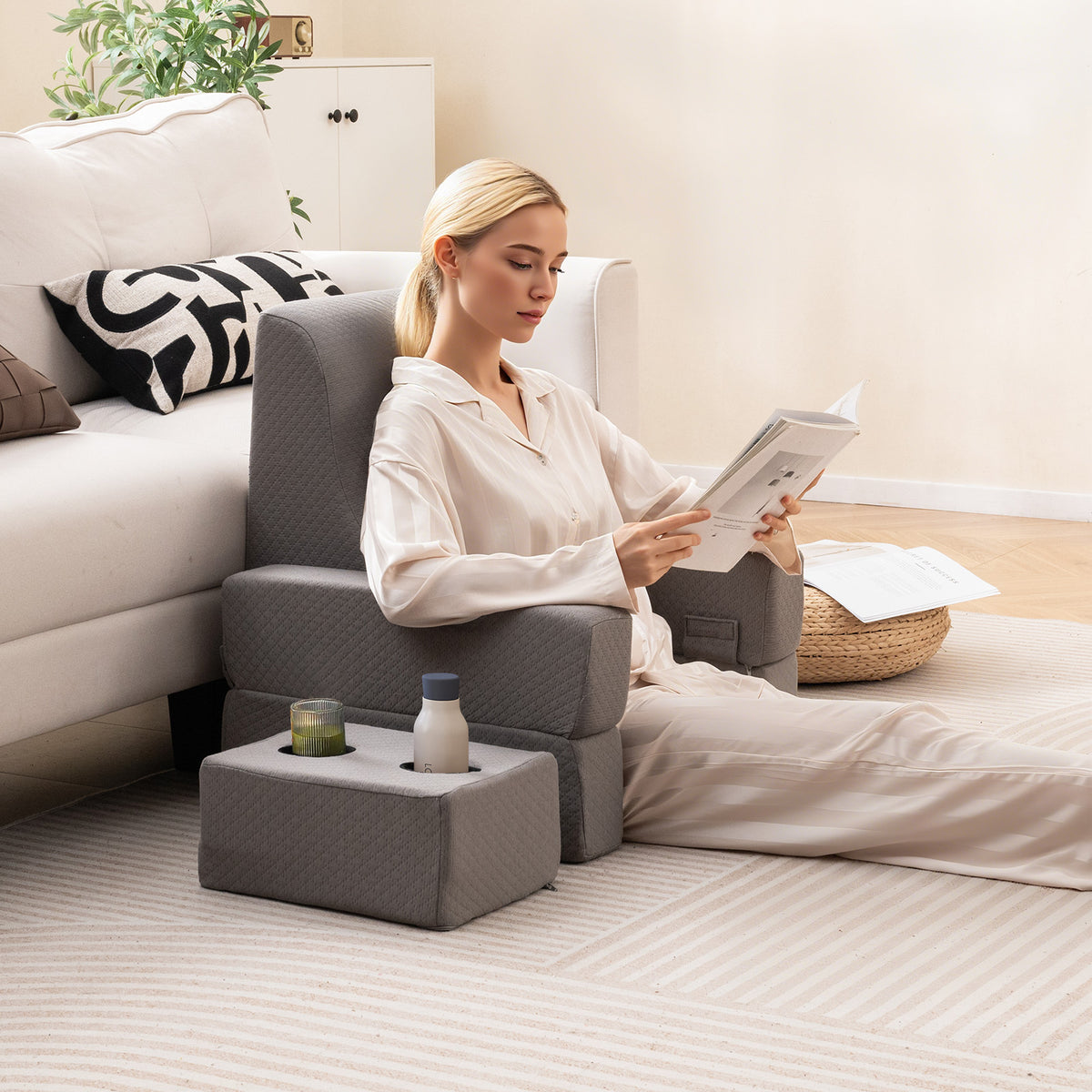 Reading Pillow & Lap Desk Set with Cup Holders - Gray