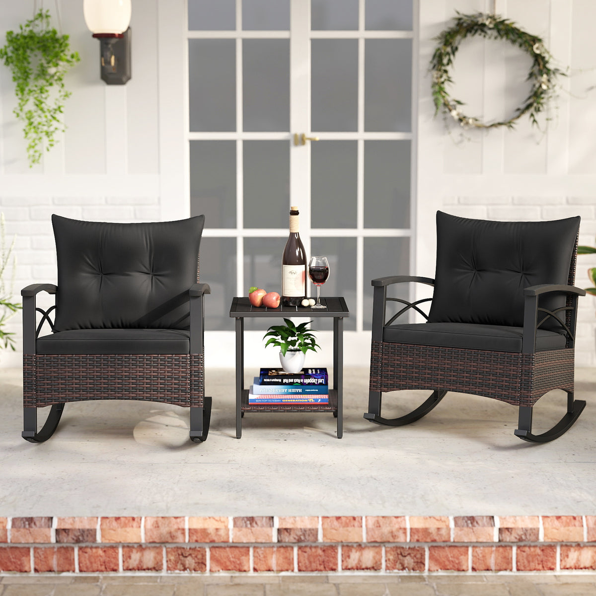 3 Piece Rocking Bistro Set PE Rattan Rocker Chairs with Acacia Wood