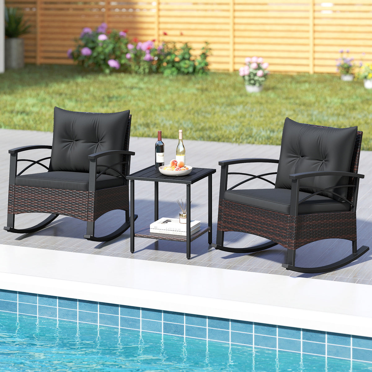 3 Piece Rocking Bistro Set PE Rattan Rocker Chairs with Acacia Wood