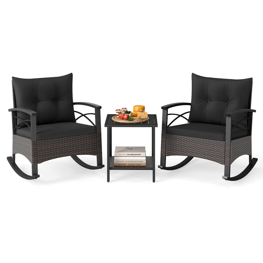 3 Piece Rocking Bistro Set PE Rattan Rocker Chairs with Acacia Wood