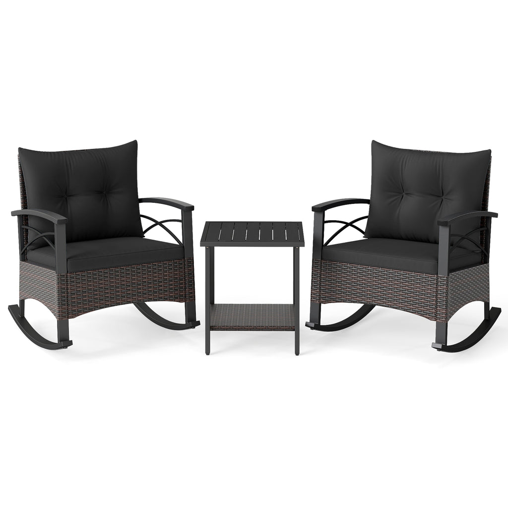 3 Piece Rocking Bistro Set PE Rattan Rocker Chairs with Acacia Wood