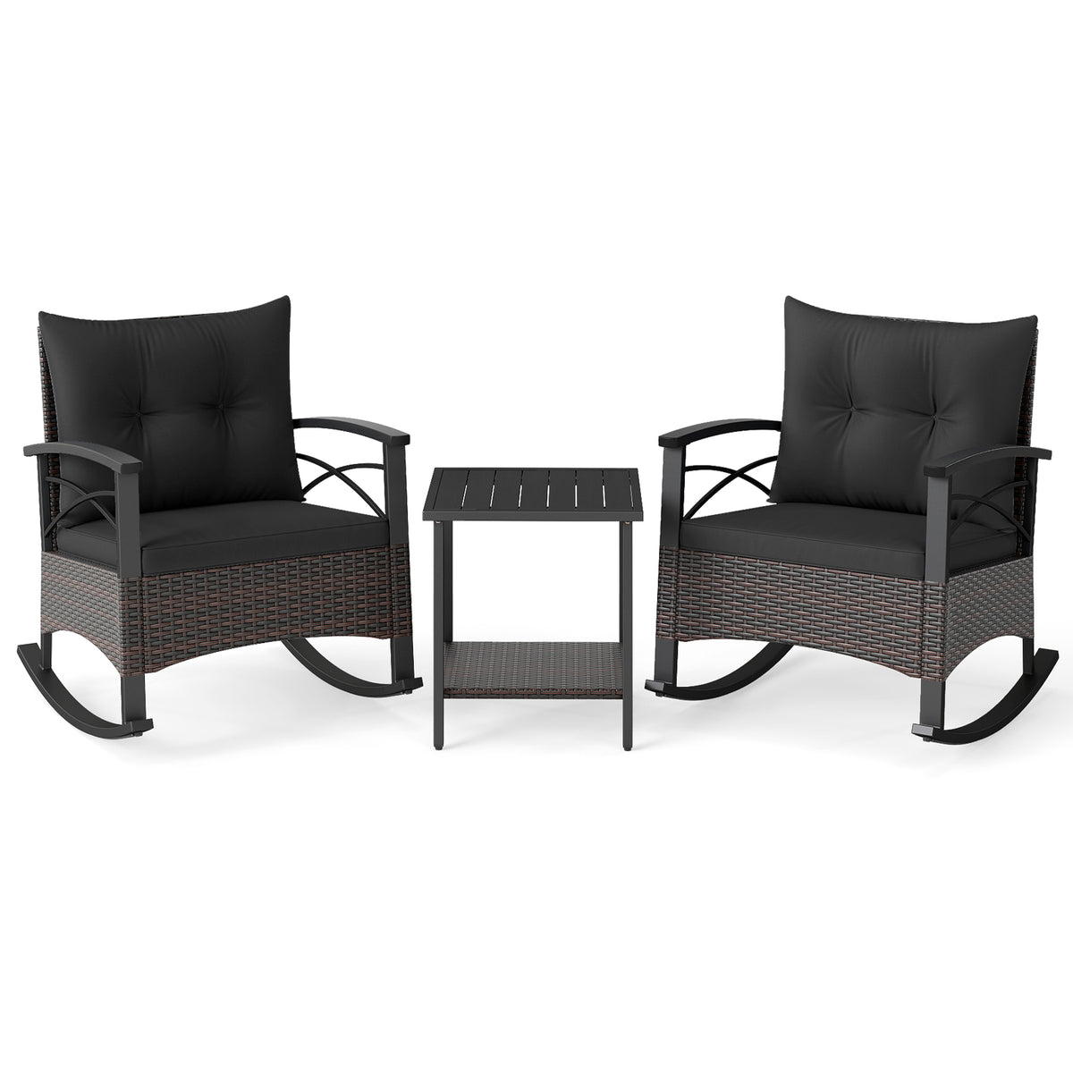 3 Piece Rocking Bistro Set PE Rattan Rocker Chairs with Acacia Wood