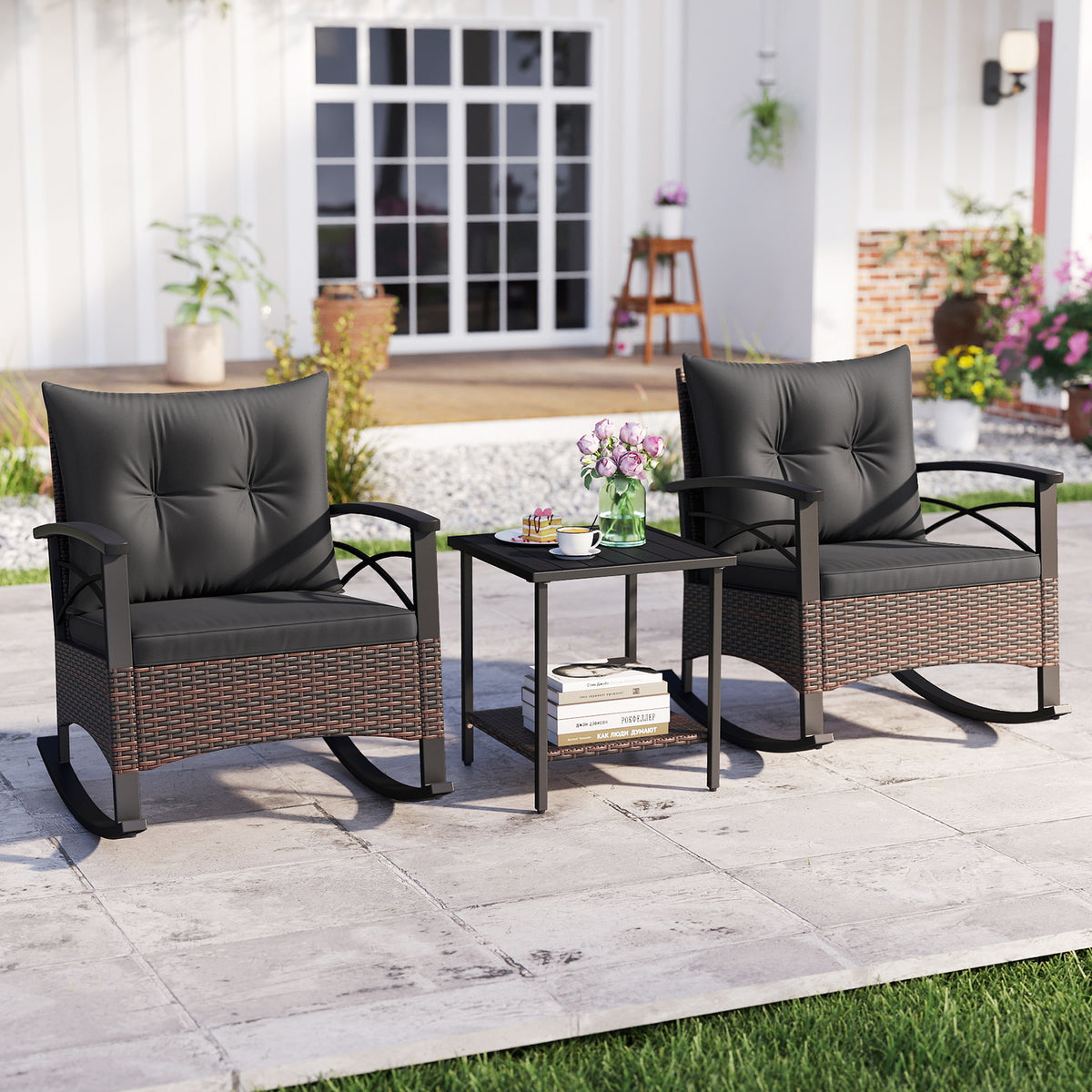 3 Piece Rocking Bistro Set PE Rattan Rocker Chairs with Acacia Wood