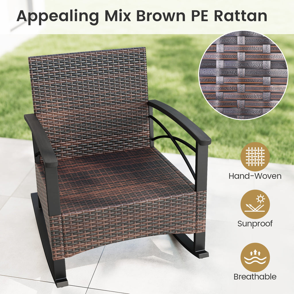 3 Piece Rocking Bistro Set PE Rattan Rocker Chairs with Acacia Wood