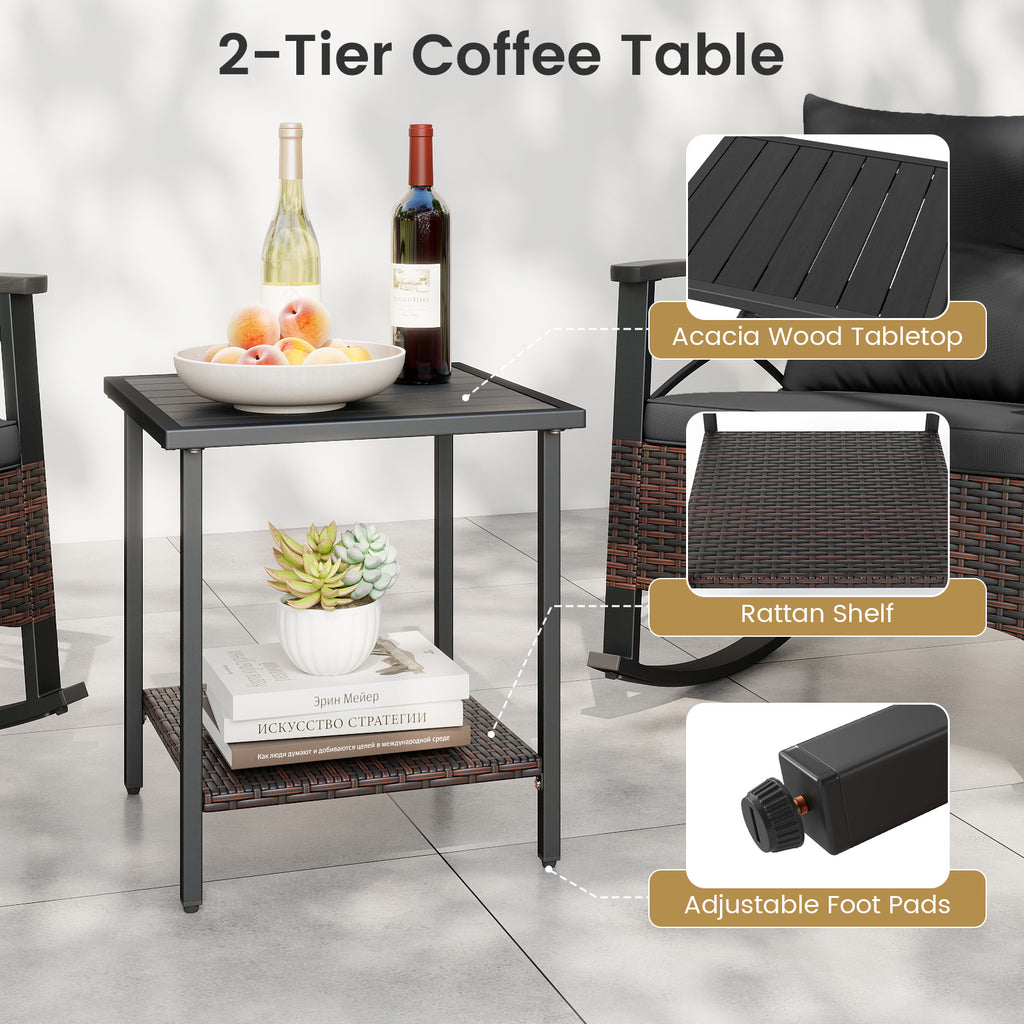 3 Piece Rocking Bistro Set PE Rattan Rocker Chairs with Acacia Wood