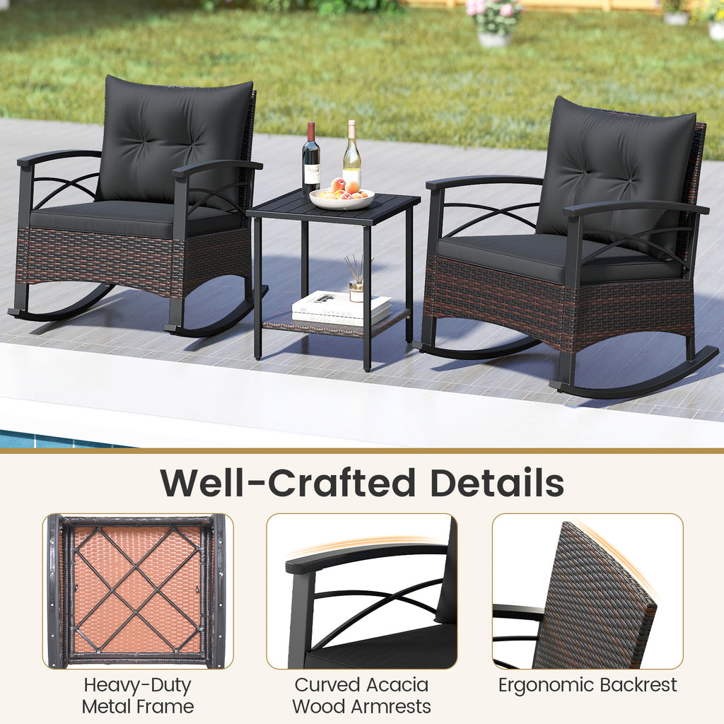 3 Piece Rocking Bistro Set PE Rattan Rocker Chairs with Acacia Wood