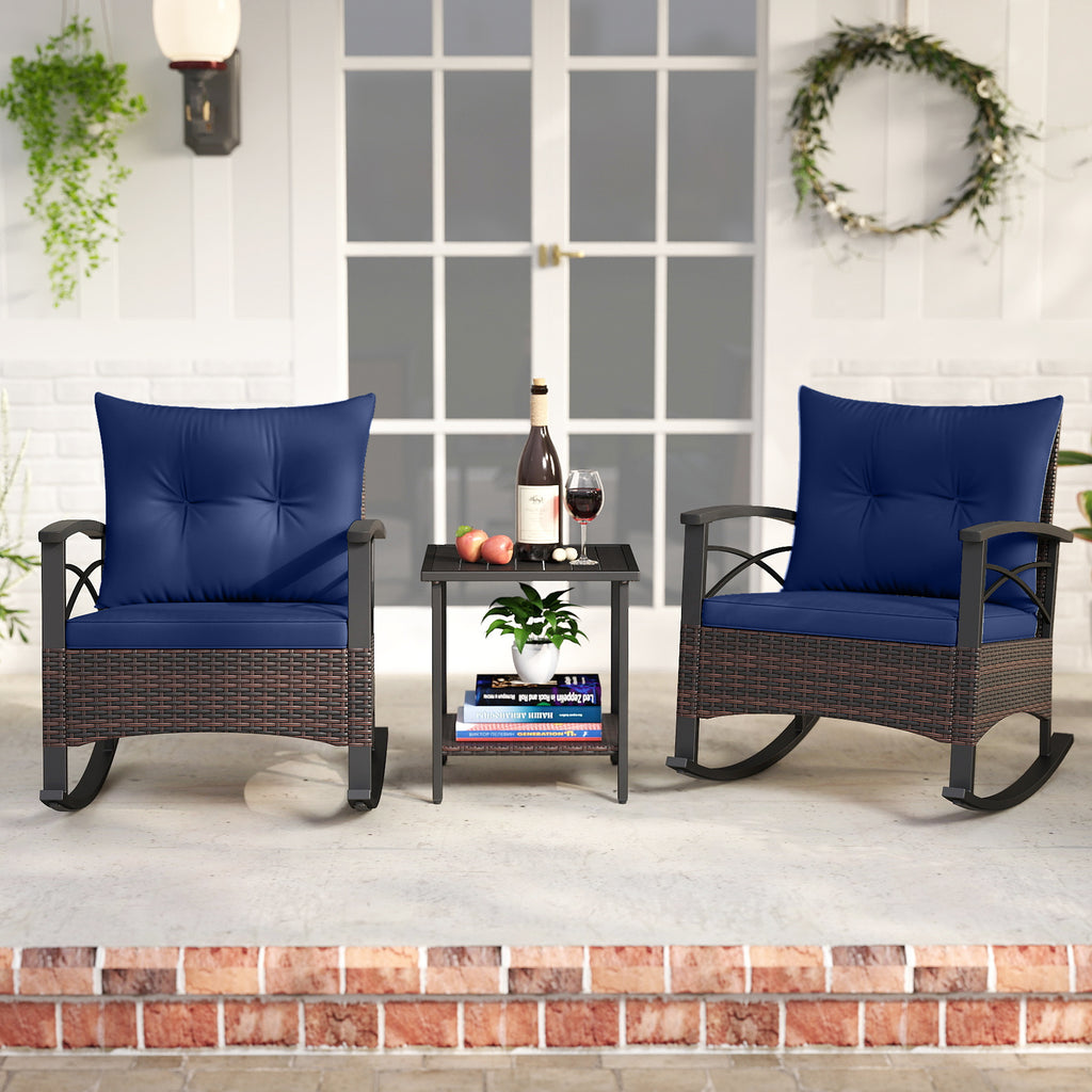3-Piece Rocking Bistro Set with PE Rattan Chairs - Navy