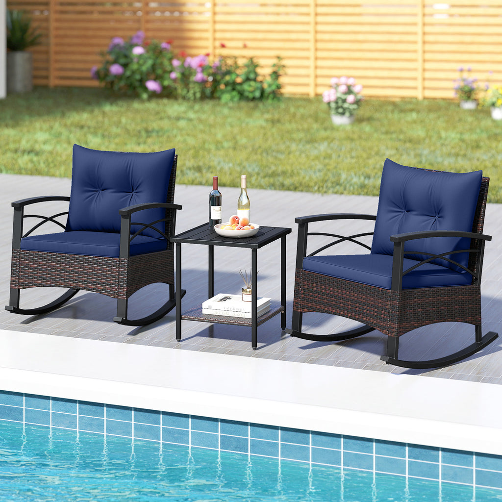 3-Piece Rocking Bistro Set with PE Rattan Chairs - Navy