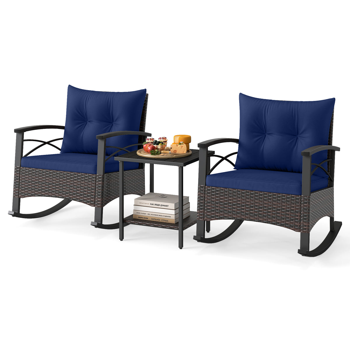 3-Piece Rocking Bistro Set with PE Rattan Chairs - Navy