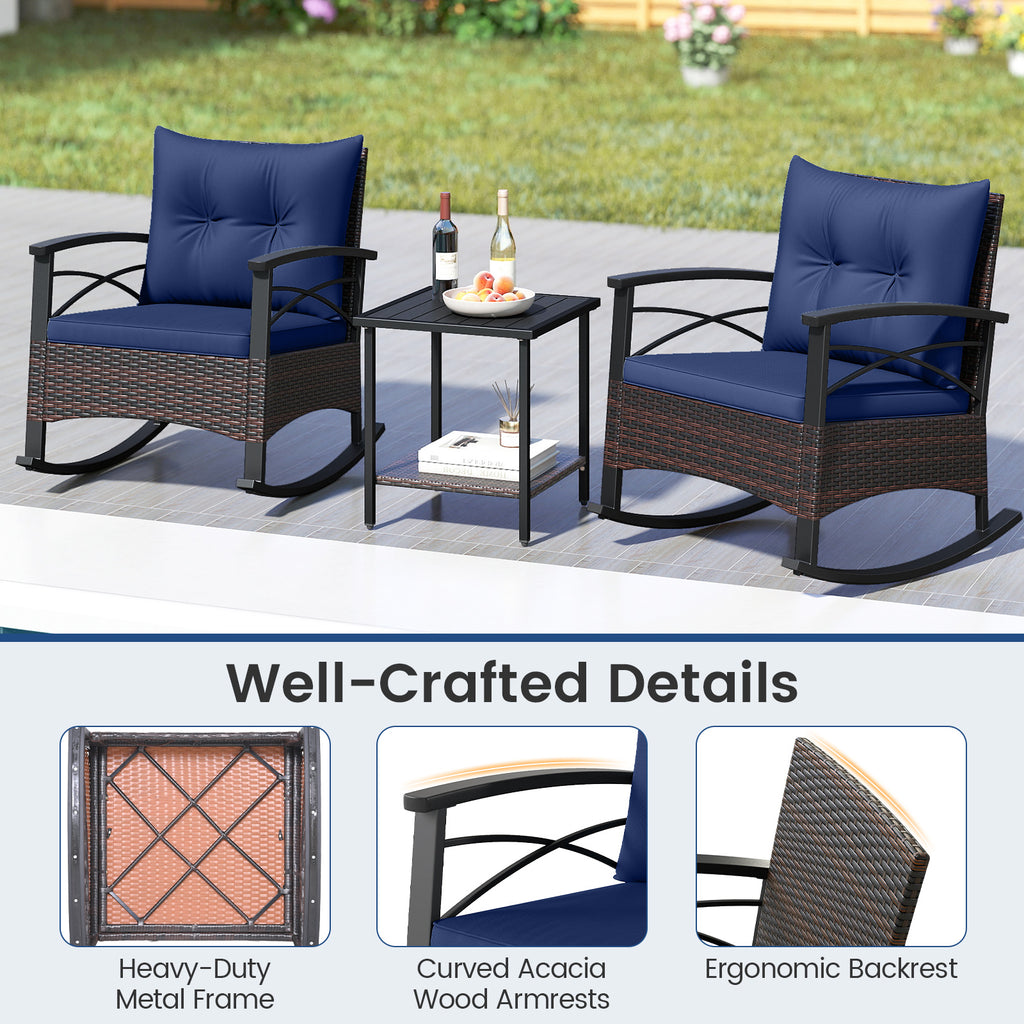 3-Piece Rocking Bistro Set with PE Rattan Chairs - Navy