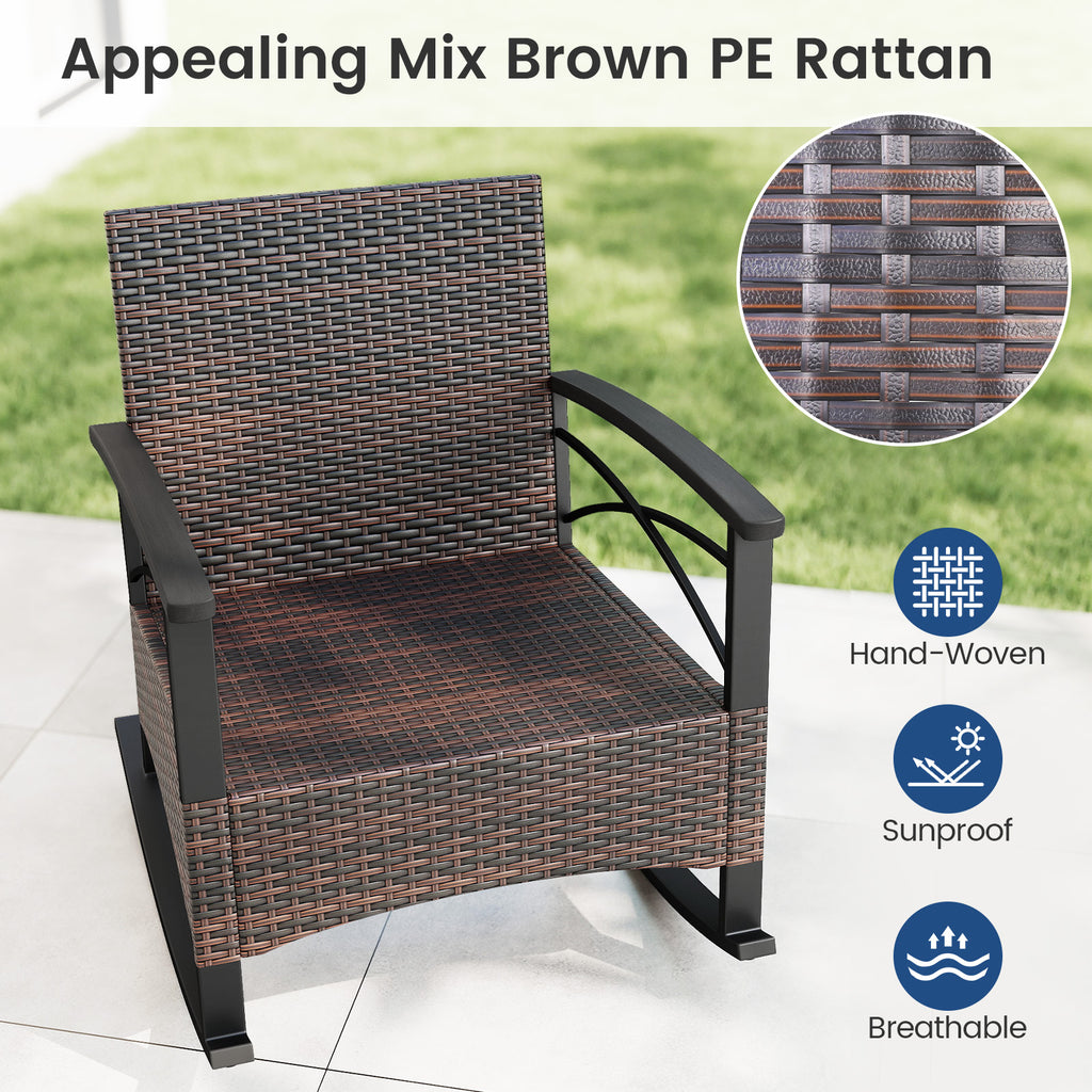 3 Piece Rocking Bistro Set PE Rattan Rocker Chairs with Acacia Wood