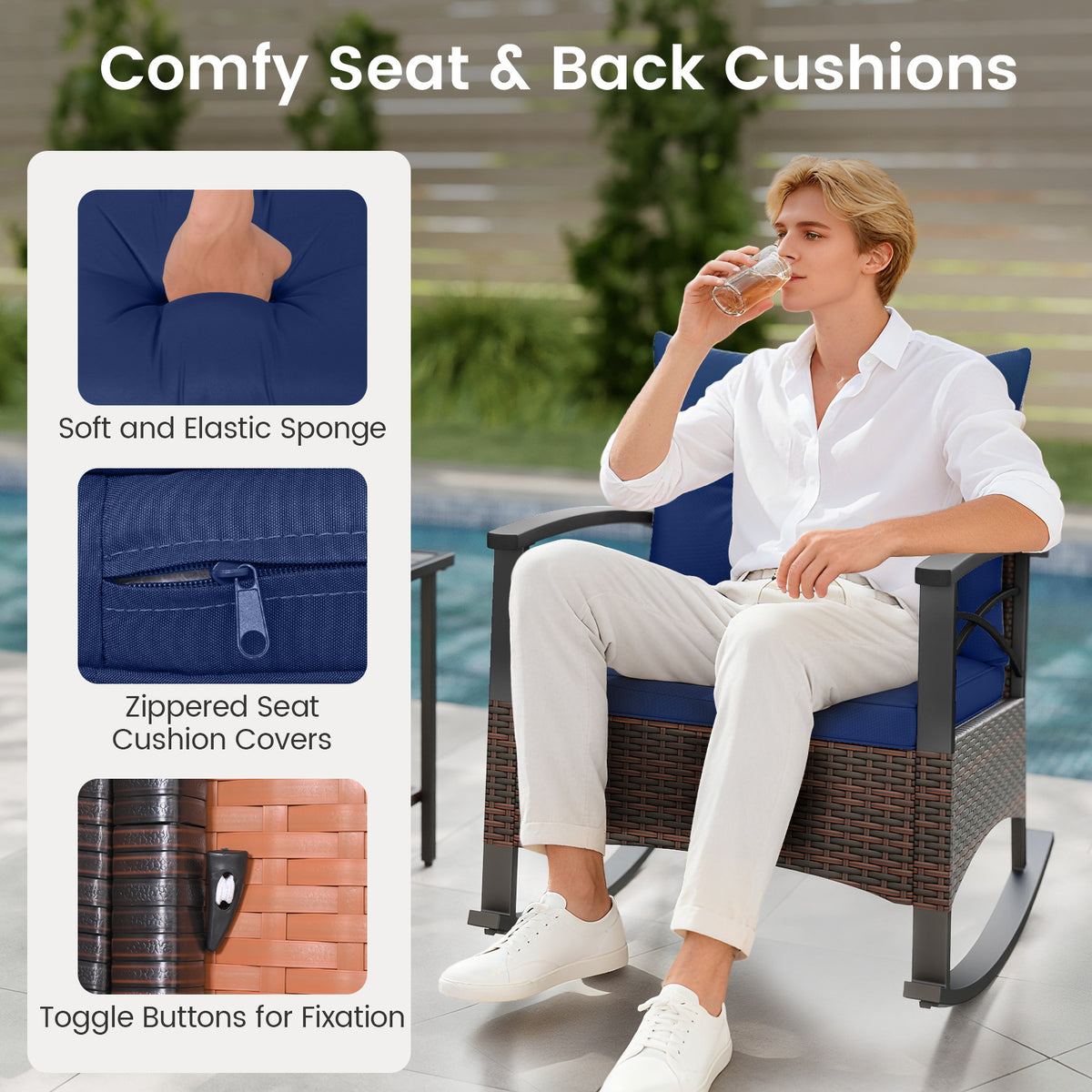 3-Piece Rocking Bistro Set with PE Rattan Chairs - Navy
