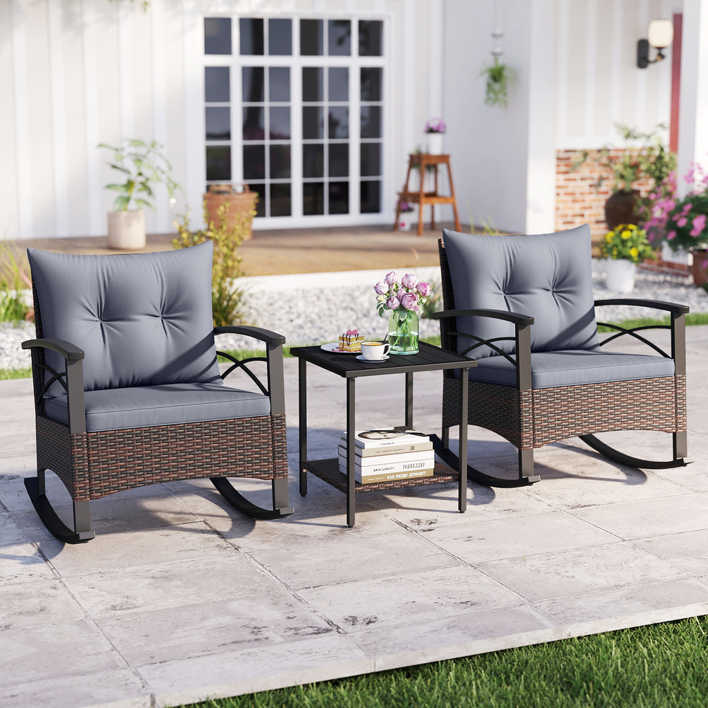 3 Piece Rocking Bistro Set PE Rattan Rocker Chairs with Acacia Wood