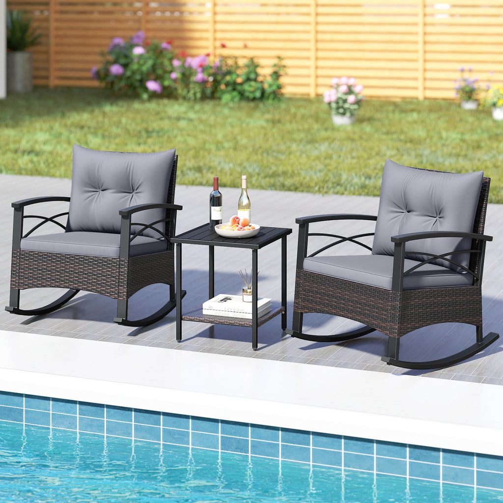3 Piece Rocking Bistro Set PE Rattan Rocker Chairs with Acacia Wood