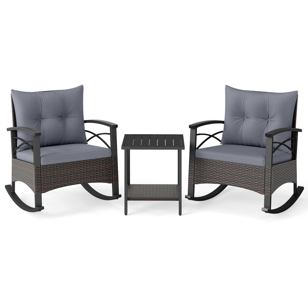 3 Piece Rocking Bistro Set PE Rattan Rocker Chairs with Acacia Wood