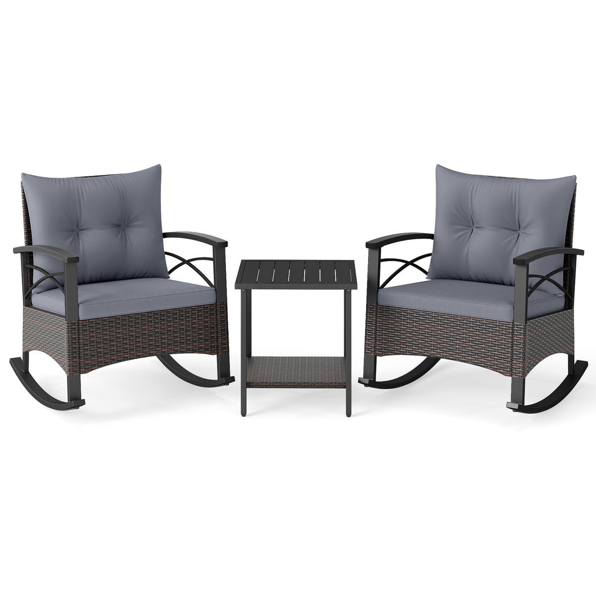 3 Piece Rocking Bistro Set PE Rattan Rocker Chairs with Acacia Wood