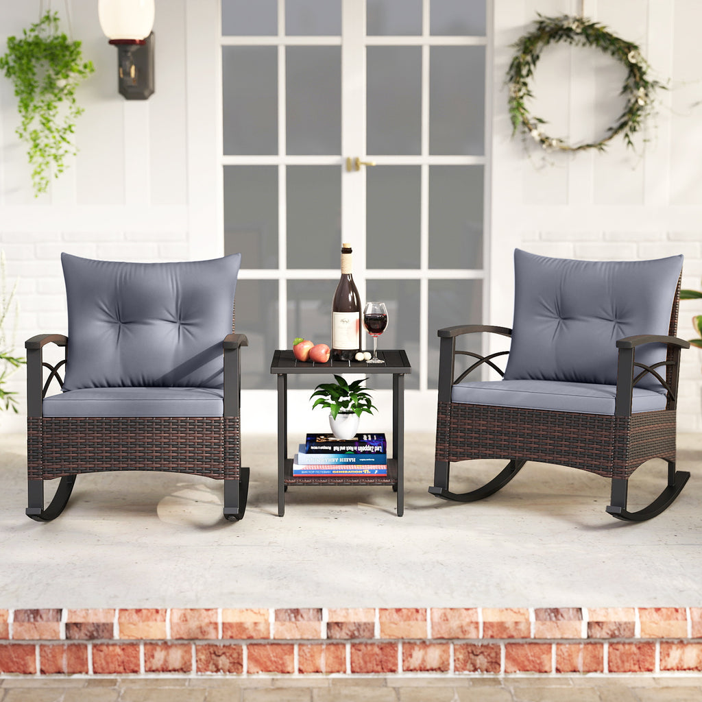 3 Piece Rocking Bistro Set PE Rattan Rocker Chairs with Acacia Wood