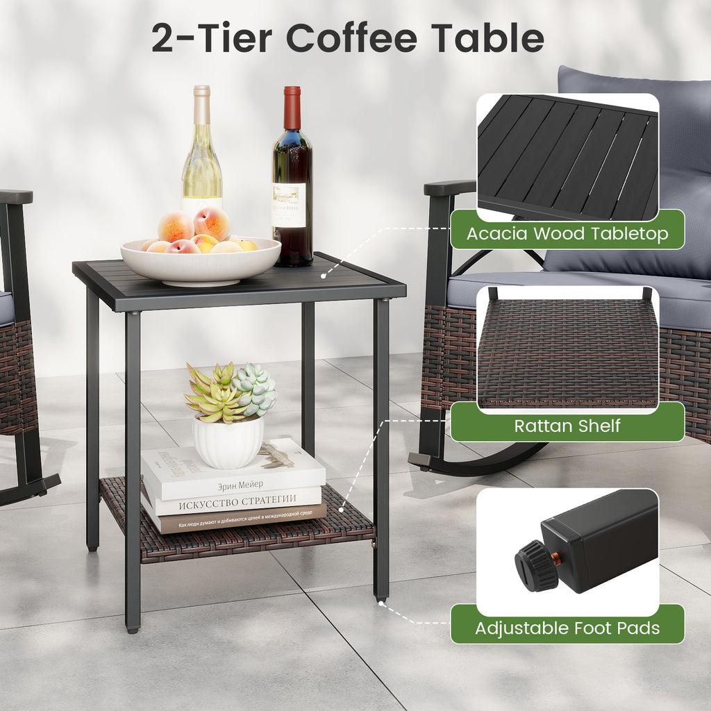 3 Piece Rocking Bistro Set PE Rattan Rocker Chairs with Acacia Wood