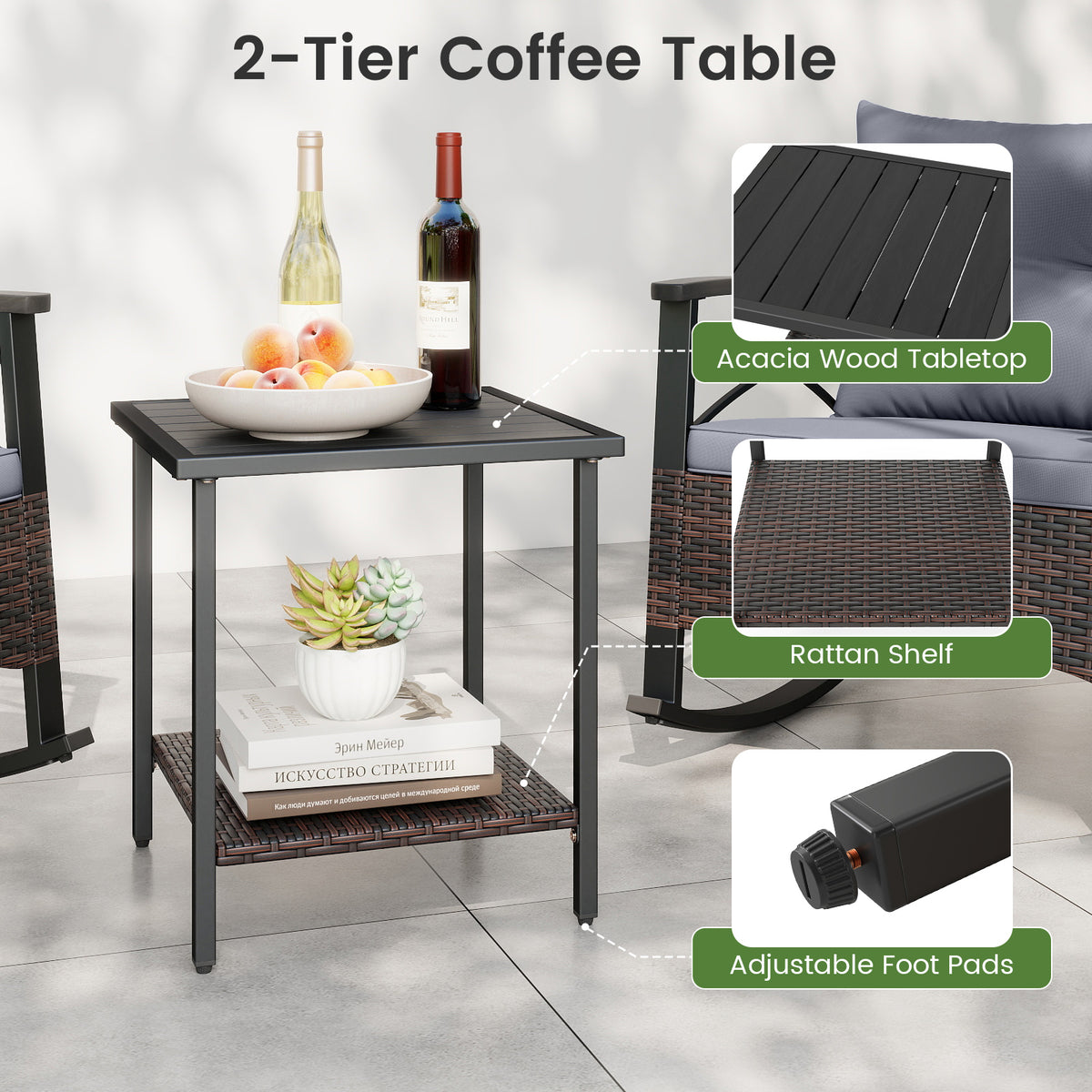 3 Piece Rocking Bistro Set PE Rattan Rocker Chairs with Acacia Wood