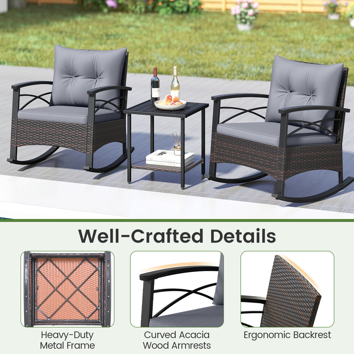 3 Piece Rocking Bistro Set PE Rattan Rocker Chairs with Acacia Wood