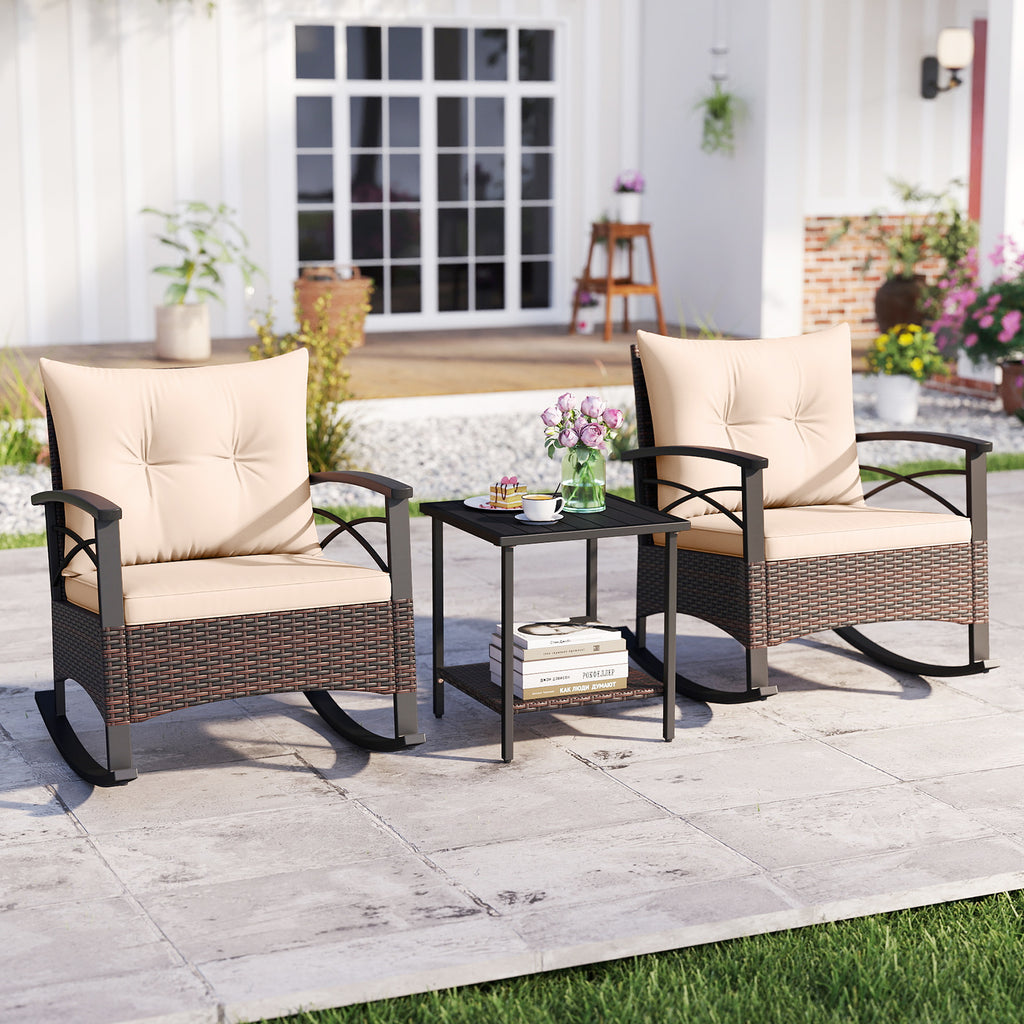 3 Piece Rocking Bistro Set PE Rattan Rocker Chairs with Acacia Wood