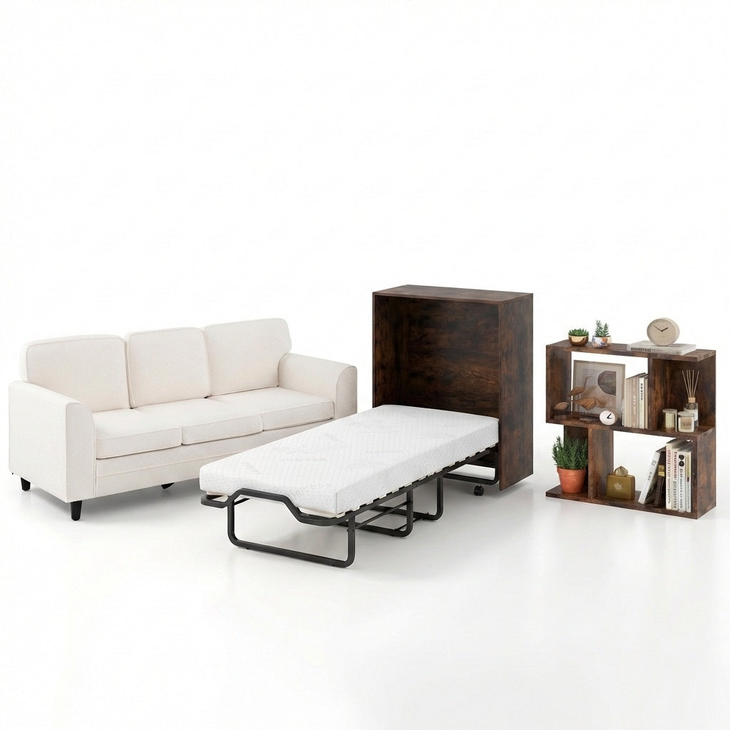 3-Piece Living Room Furniture Set with Teddy Sofa, Bookshelf & Murphy Bed