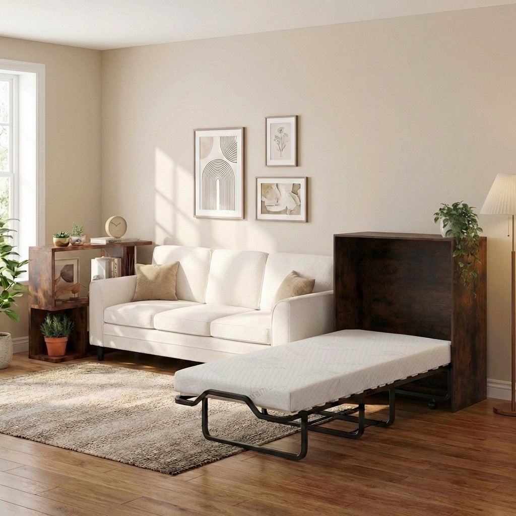3-Piece Living Room Furniture Set with Teddy Sofa, Bookshelf & Murphy Bed
