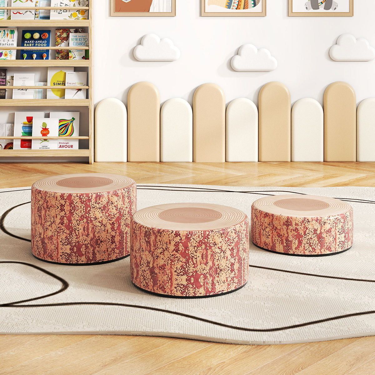 3-Piece Tree Stump Stool Set with Wooden Grain Decor - Dark Walnut Variation