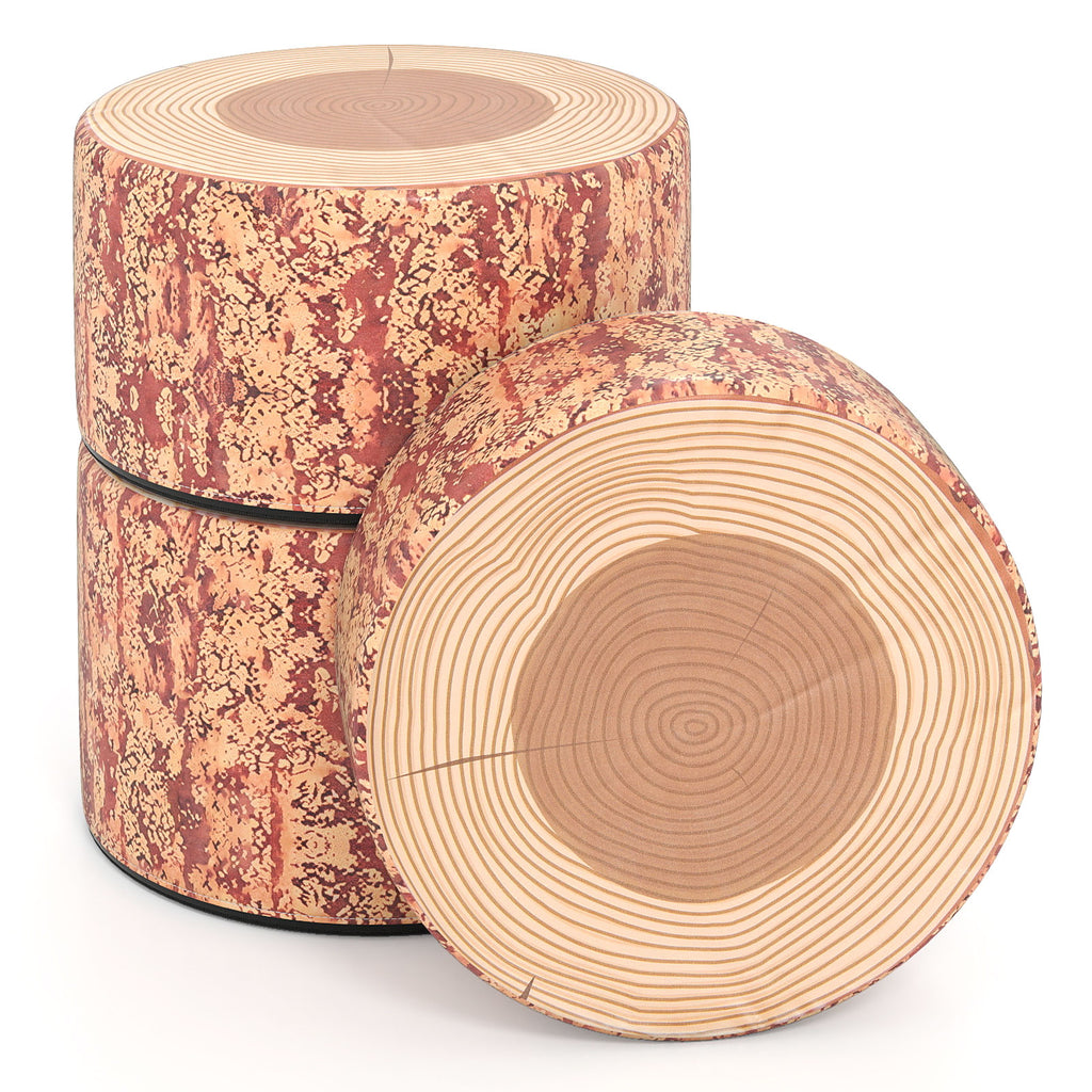 3-Piece Tree Stump Stool Set with Wooden Grain Decor - Dark Walnut Variation