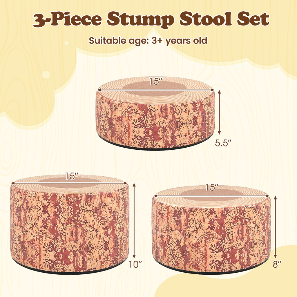 3-Piece Tree Stump Stool Set with Wooden Grain Decor - Dark Walnut Variation