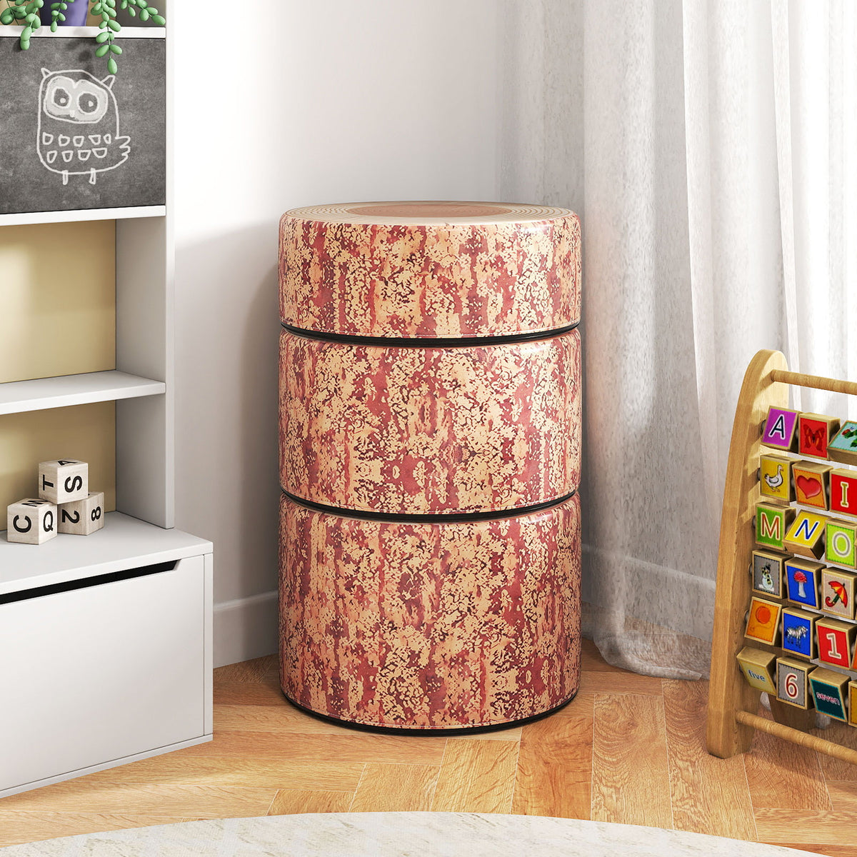 3-Piece Tree Stump Stool Set with Wooden Grain Decor - Dark Walnut Variation