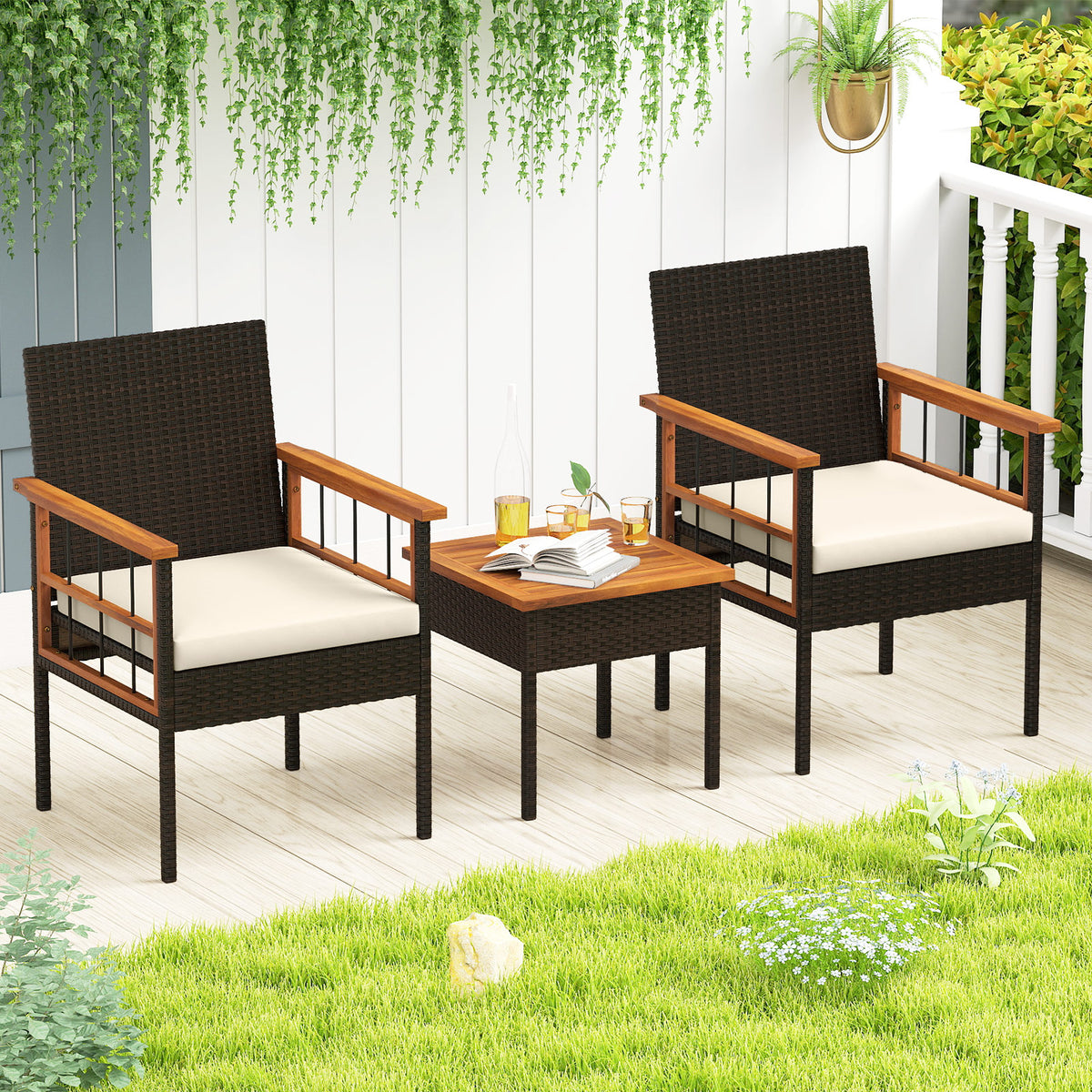 3 Piece Wicker Furniture Set with Acacia Wood Tabletop and Armrest
