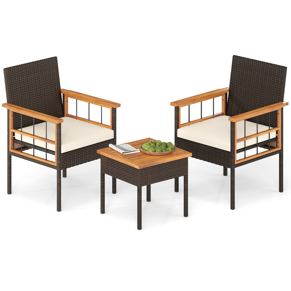 3 Piece Wicker Furniture Set with Acacia Wood Tabletop and Armrest