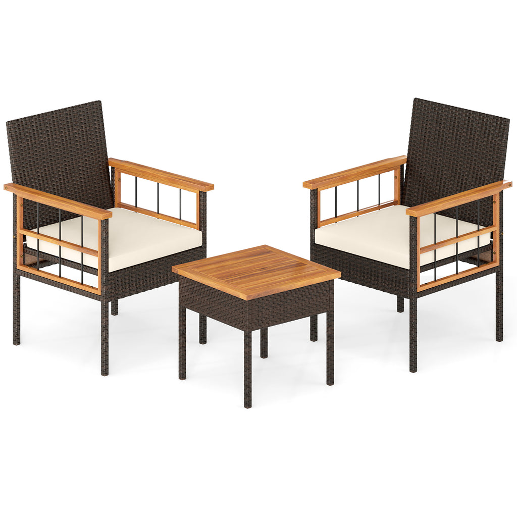 3 Piece Wicker Furniture Set with Acacia Wood Tabletop and Armrest