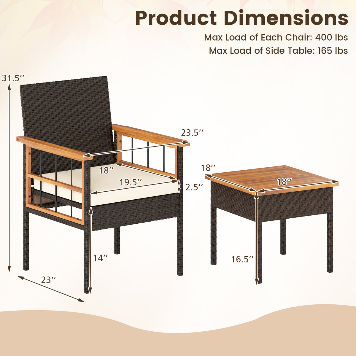 3 Piece Wicker Furniture Set with Acacia Wood Tabletop and Armrest