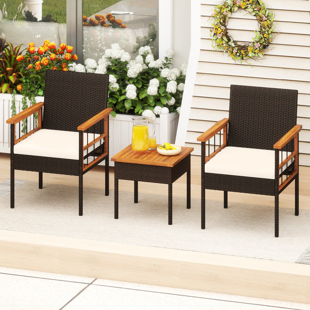 3 Piece Wicker Furniture Set with Acacia Wood Tabletop and Armrest