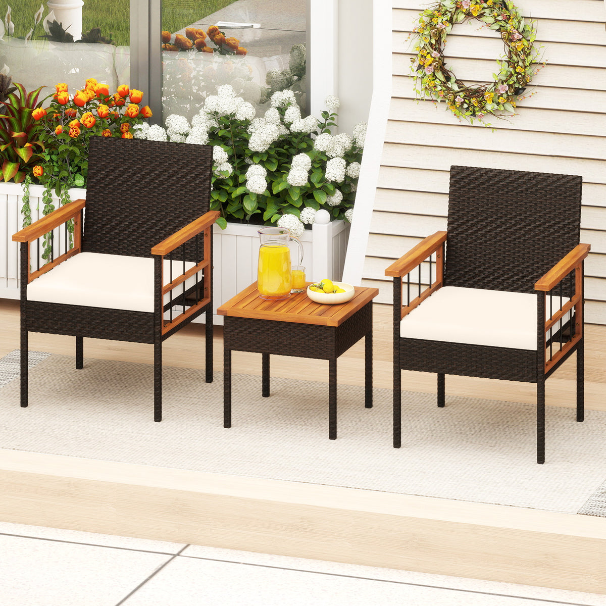 3 Piece Wicker Furniture Set with Acacia Wood Tabletop and Armrest
