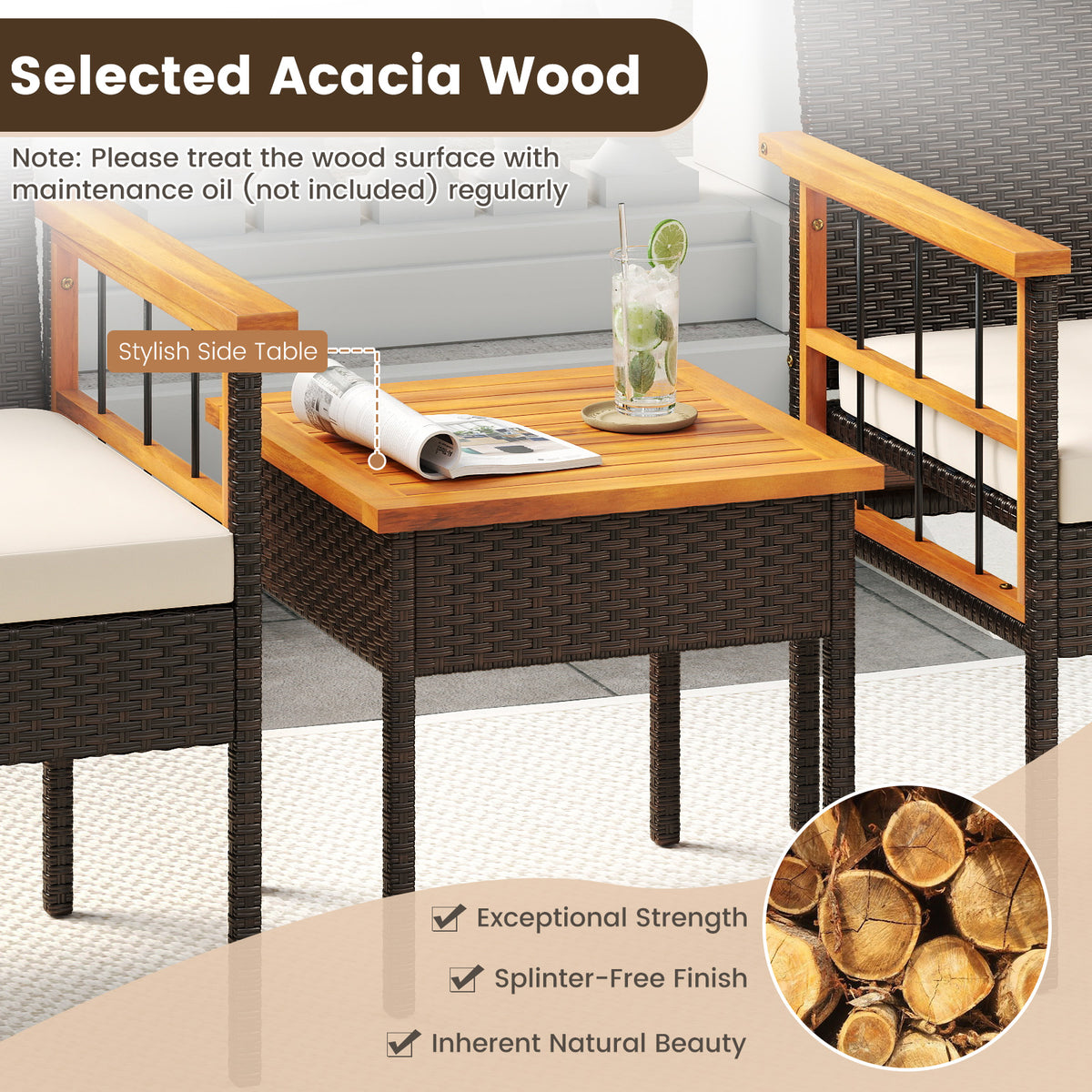 3 Piece Wicker Furniture Set with Acacia Wood Tabletop and Armrest