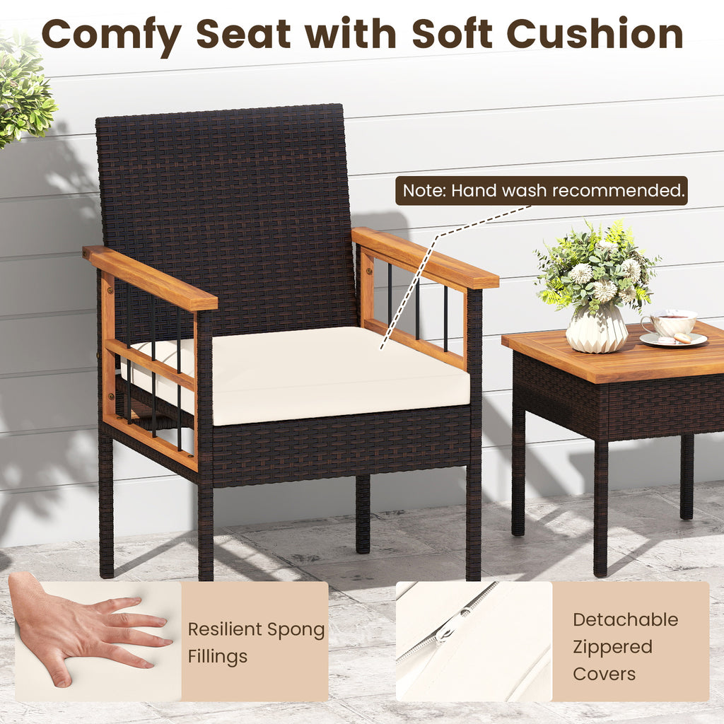 3 Piece Wicker Furniture Set with Acacia Wood Tabletop and Armrest