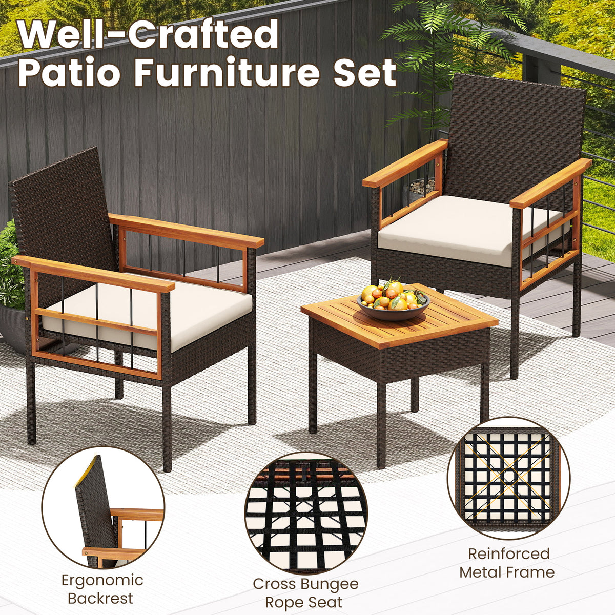 3 Piece Wicker Furniture Set with Acacia Wood Tabletop and Armrest