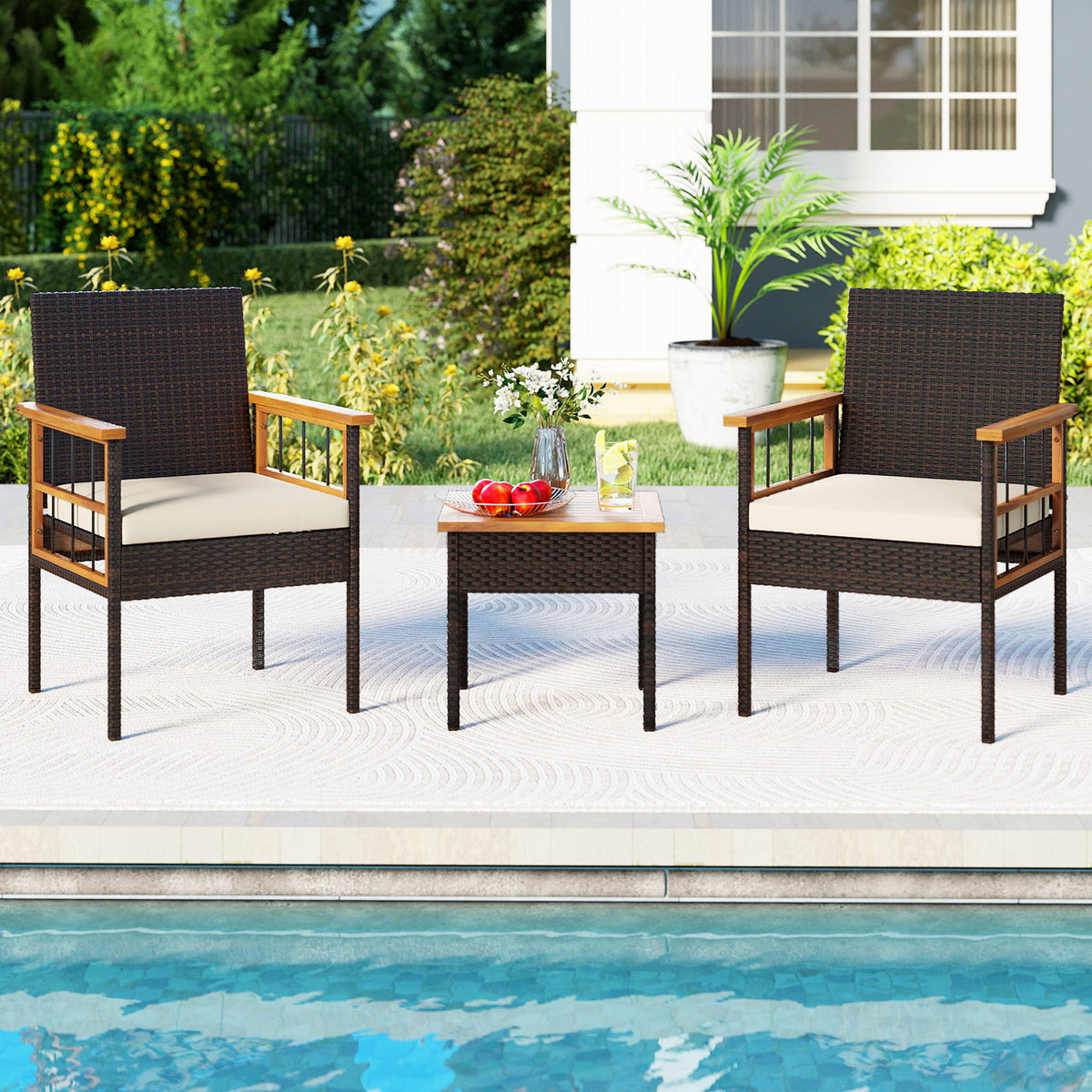 3 Piece Wicker Furniture Set with Acacia Wood Tabletop and Armrest