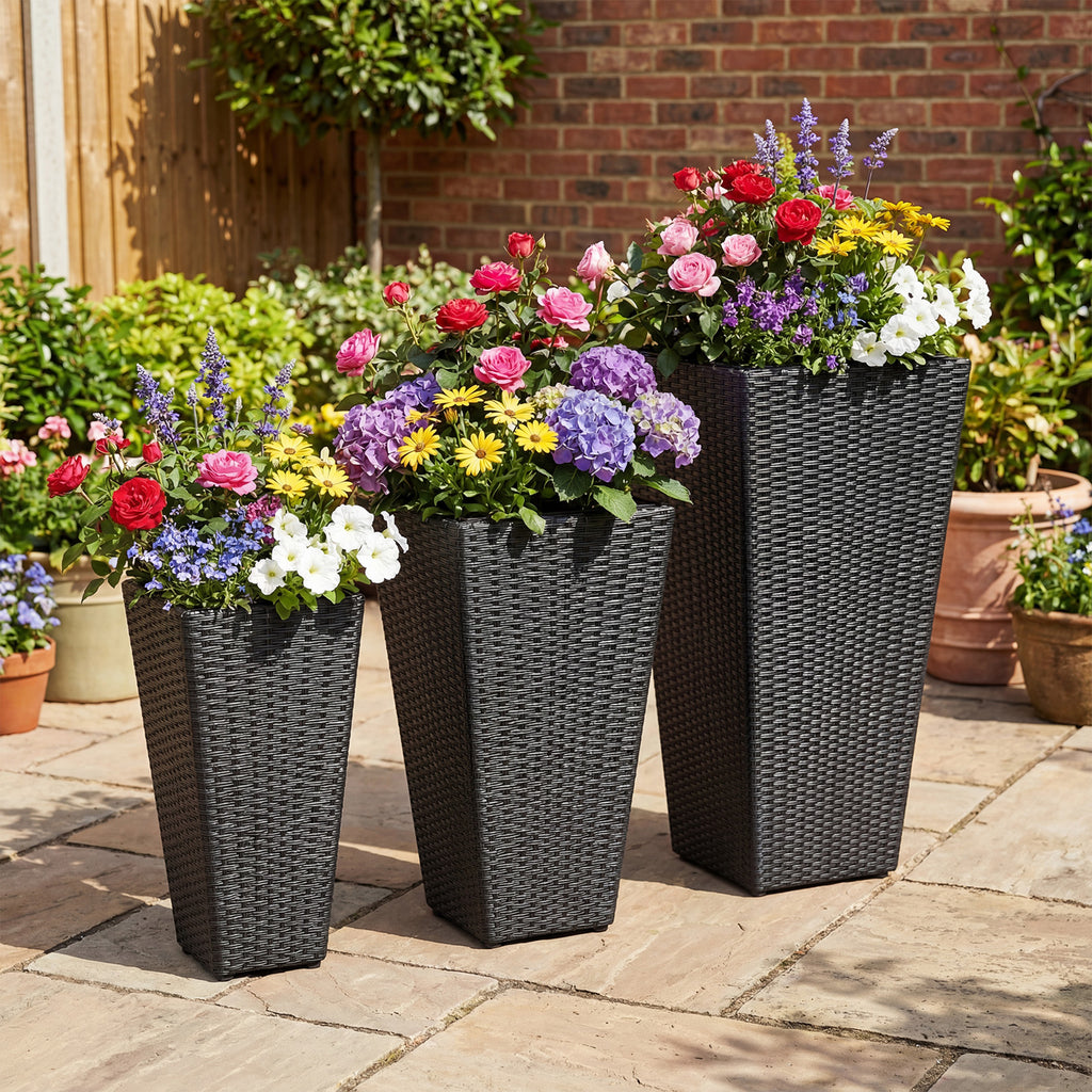 3-Piece Wicker Planters Tapered PP Rattan Plant Boxes with Plastic
