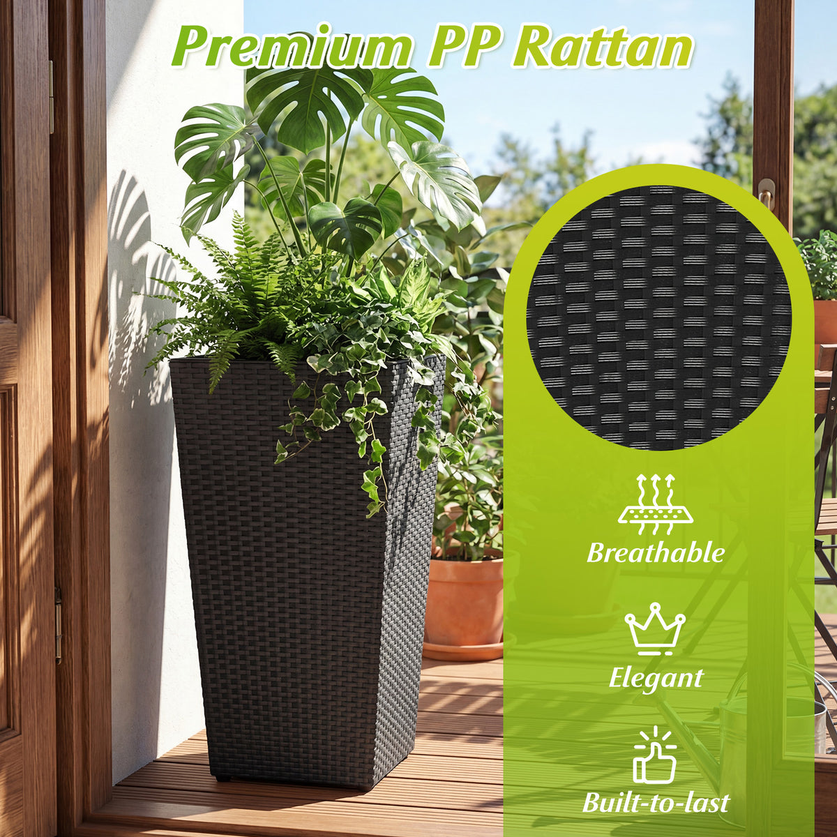 3-Piece Wicker Planters Tapered PP Rattan Plant Boxes with Plastic