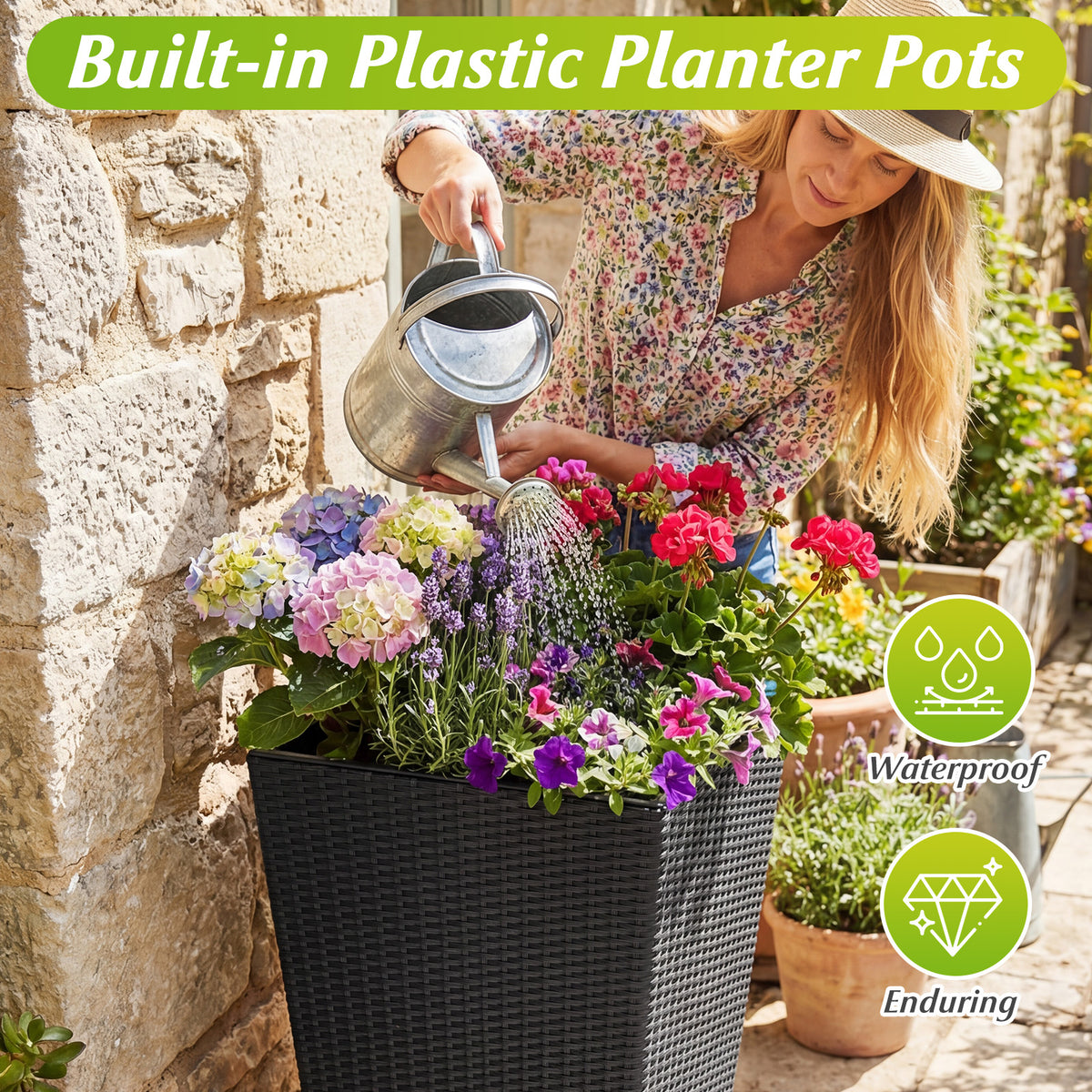 3-Piece Wicker Planters Tapered PP Rattan Plant Boxes with Plastic
