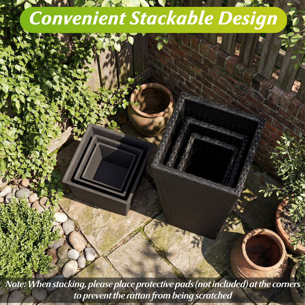 3-Piece Wicker Planters Tapered PP Rattan Plant Boxes with Plastic