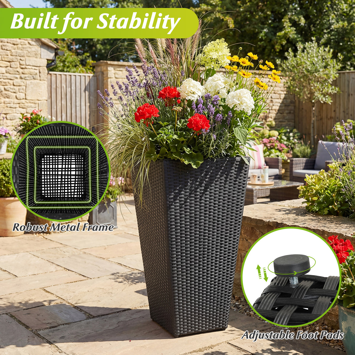 3-Piece Wicker Planters Tapered PP Rattan Plant Boxes with Plastic