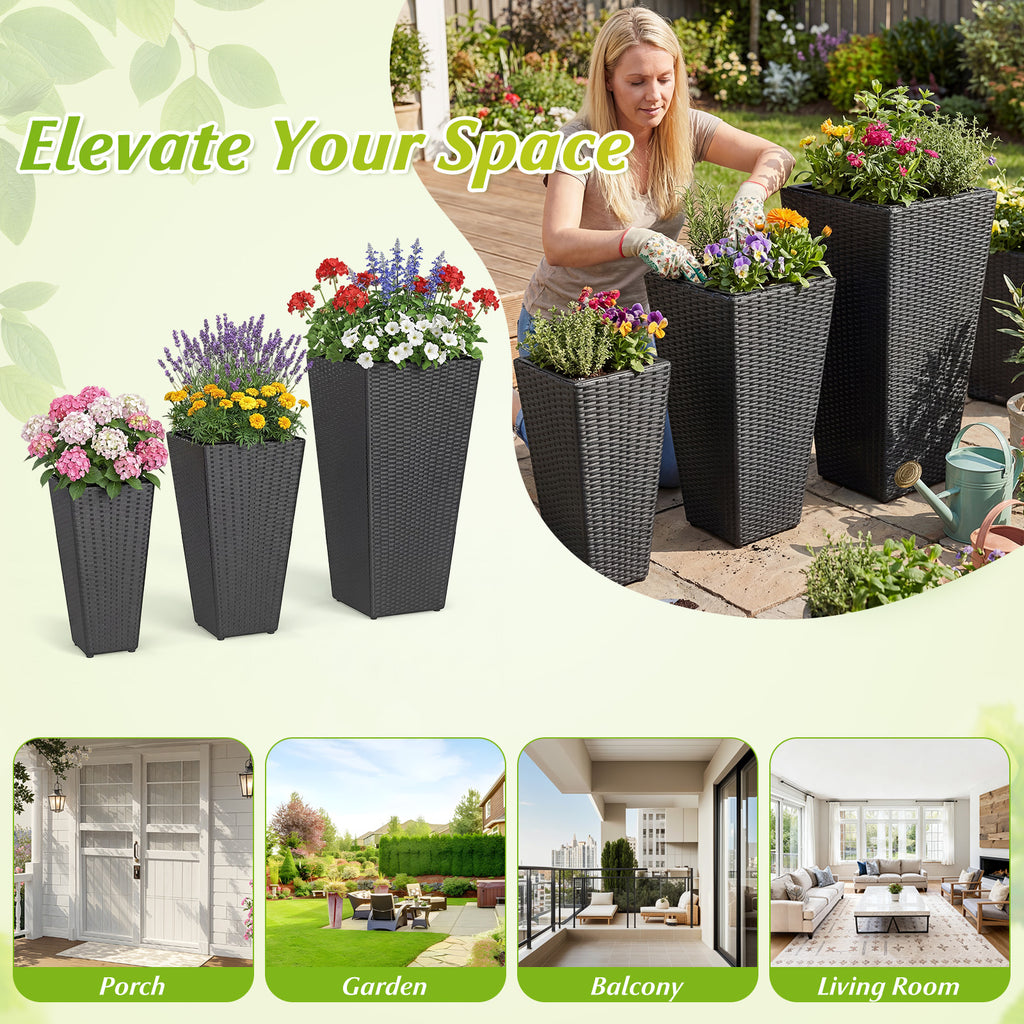 3-Piece Wicker Planters Tapered PP Rattan Plant Boxes with Plastic